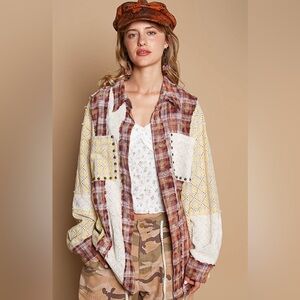 POL Oversized Long Sleeve Lace Contrast Shirt in Plaid Lace and Studded Shirt